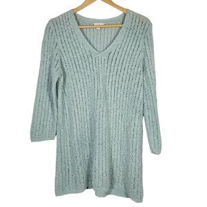 J. Jill Women's Textured Blue 3/4 Sleeve Open-Stitch V Neck Sweater Sz L Petite